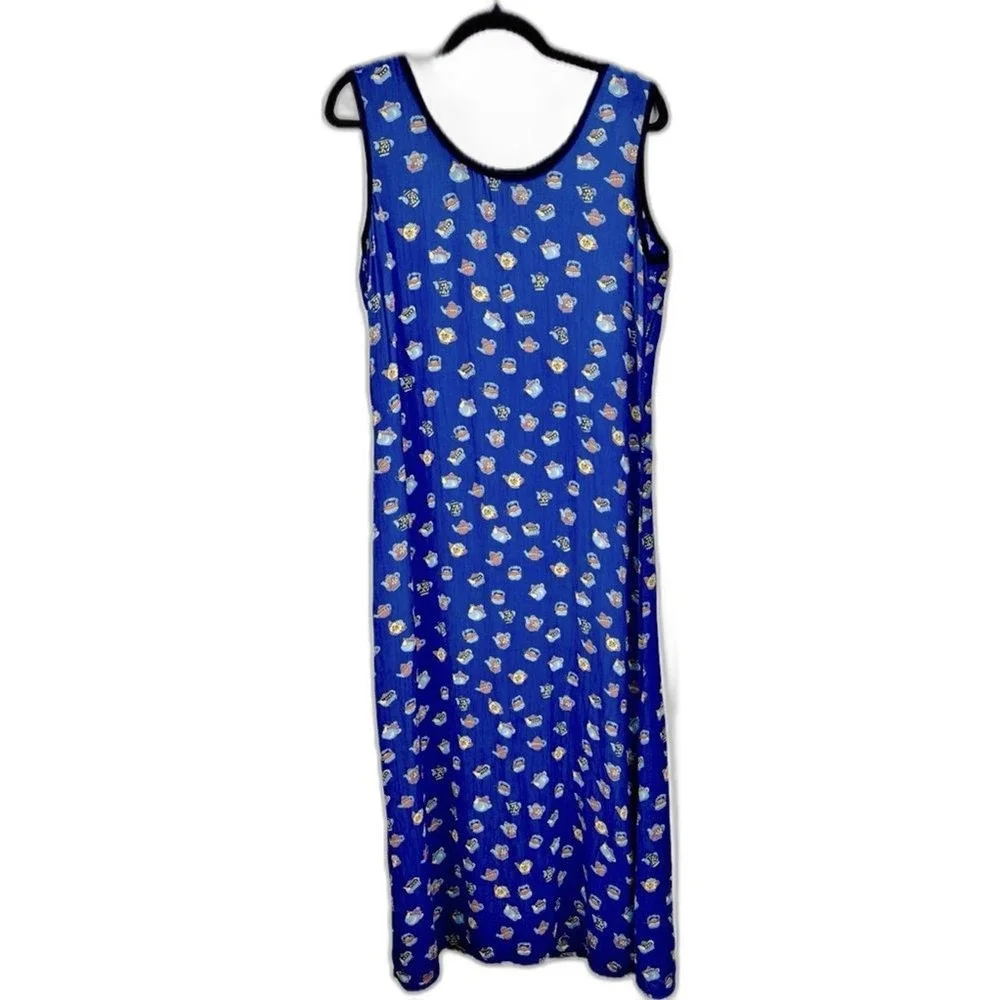 Vintage DK Cottagecore Maxi Shift Dress Teapot Tea Party Twee Quirky Novelty M‎